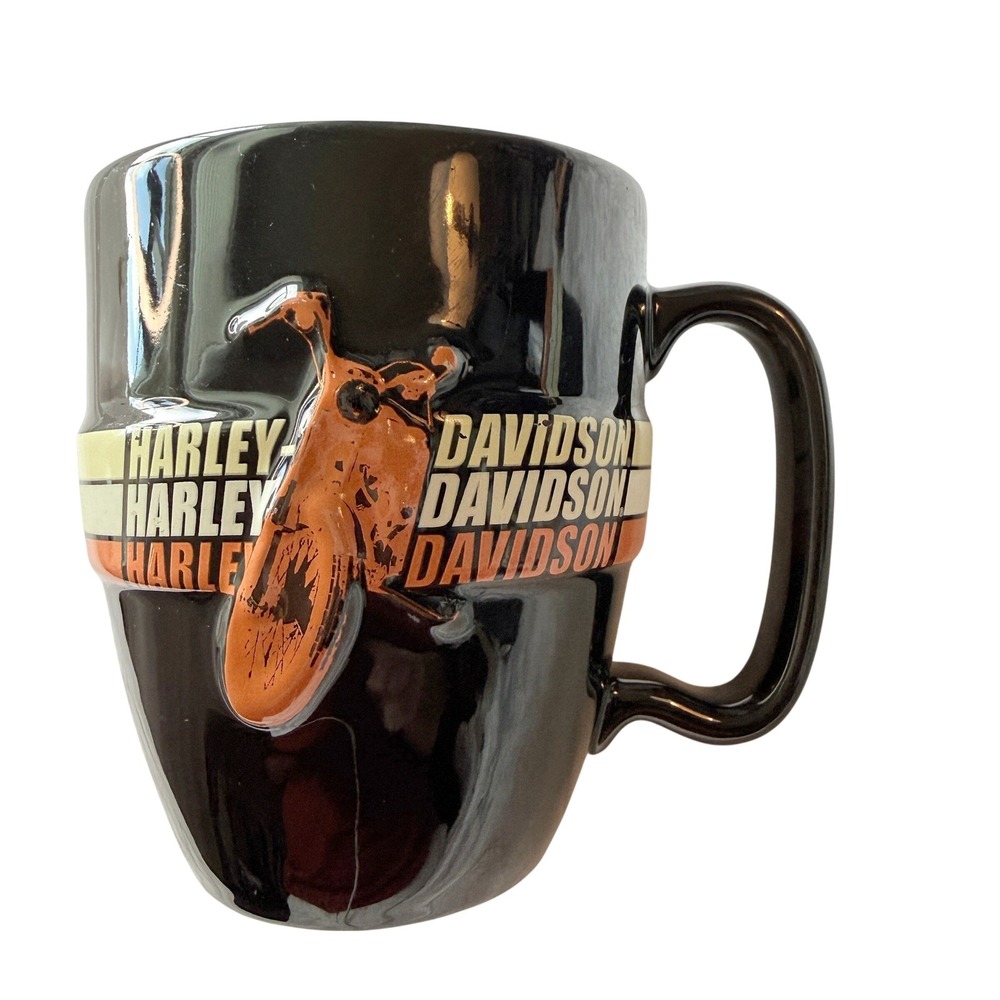 Harley-Davidson 2006 3D Motorcycle Coffee Mug Black Orange Embossed Biker